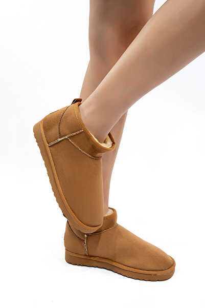 Morlex Kadın Taba Süet Muadil Bot Ultra Mini Süet Bot İçi Kürklü Kışlık Taban Kısa Topuklu Bot