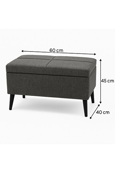 Lütfiye Gündoğan Sandıklı Keten Puf – Antrasit Gri | 60x45x40 cm Modern Dekoratif Oturma & Ayak Ucu Pufu