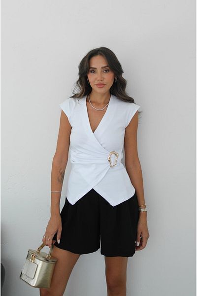 Havoş White Double Breasted Collar Blouse with Buckle Detail