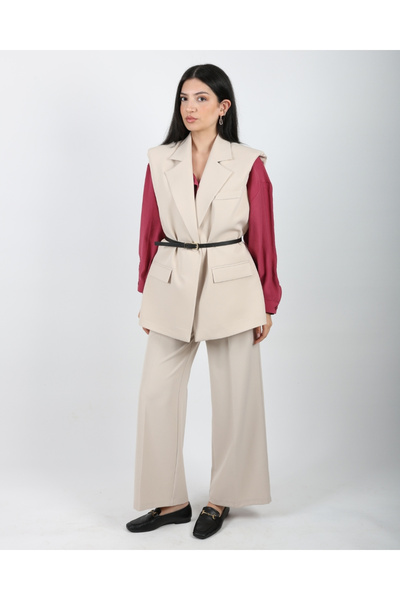 DEQ FASHION سترة نسائية كبيرة الحجم بتفاصيل جيب بيج وحزام مبطن