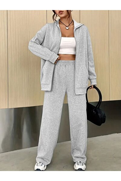 LOUİSA Kadın Gri Kapşonlu Fermuarlı Hırka-Bol Kesim Rahat Eşofman Takım