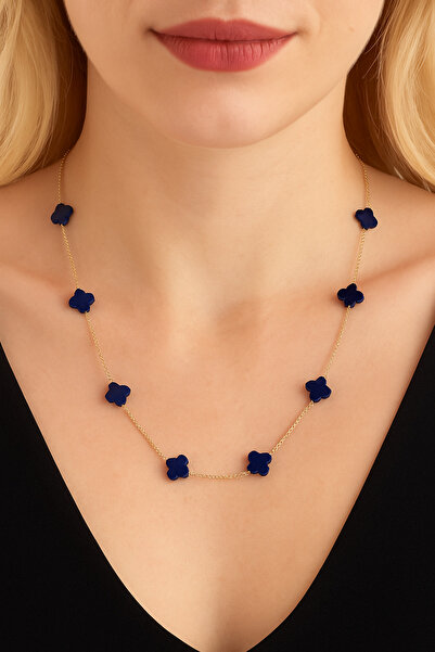 LOVELOTUS Kolye Lapis Lazuli Doğal Taş Yonca Kesim Kolye Şık Tasarım