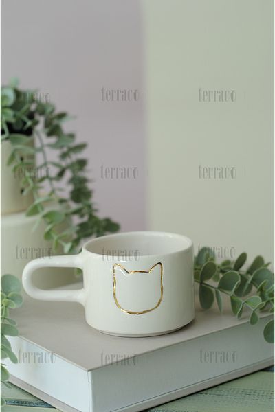 terraco ceramic Gold Detailed Handmade Ceramic Mug Double Sided Cat Pattern