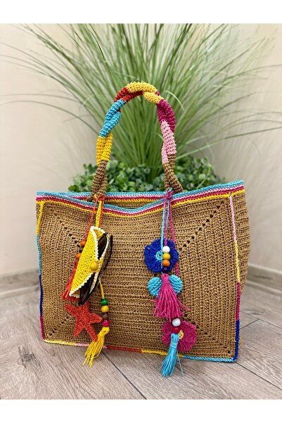 YELİZ HANDMADE El örgüsü büyük boy xl aksesuarlı kâğıt ip çanta hasır çanta