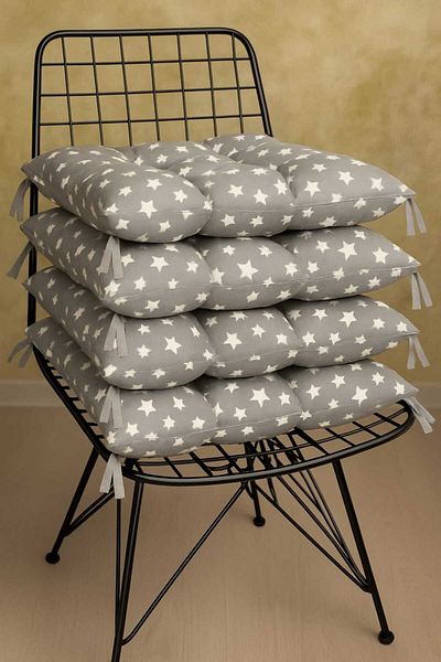 UMEL HOME Star Gray Color Chair Cushion Button Stitching Detailed 40X40Cm Laced 4 Pcs