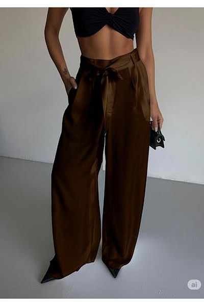 MONAMORE Brown Front Pleated Belted Loose Cut Satin Trousers
