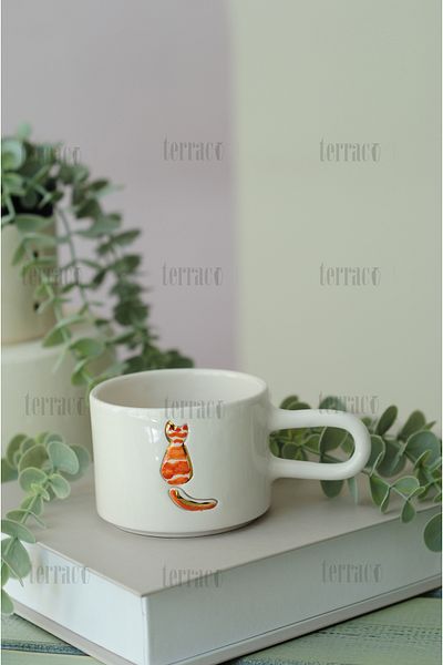 terraco ceramic Gold Detailed Handmade Ceramic Mug Double Sided Cat Pattern