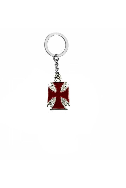 Herşey Nota Metal Keychain with Red Square Detail and Cross Figure – Unisex Gothic & Vintage Accessory