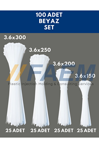 FAEM 3.6x150-200-250-300 mm Kablo Bağı SET - Plastik Kelepçe - Cırt Kelepçe Beyaz 100 Adet