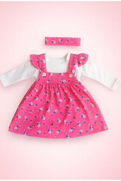 KIZ BEBEK PEMBE ÇİÇEKLİ YAZLIK ELBİSE BEYAZ BODY BANDANA TAKIM