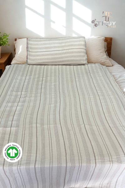 TruyTowel 100% Cotton Mucin Sheet Set Single Striped Ecru
