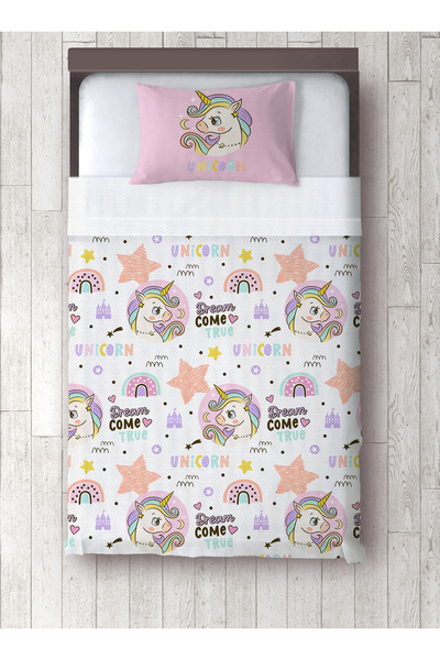 yok yok evim eve dair her şey Colorful Unicorn Patterned Baby Kids Single Pique and Pillowcase Bedspread Set