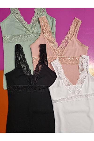 Demirsa Boutique Lace Strap V-Neck Modal Fabric Black, White, Powder and Green Color 4-Piece Women's Tank Top
