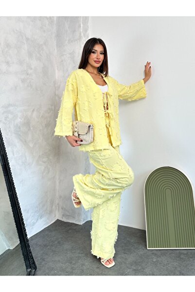 cadsy Women's Tassel Detailed Tie-Up Linen Suit