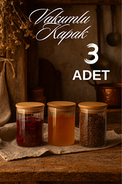 ZURİ DESİGN 3’lü Çizgili Cam Baharatlık Seti – Hava Geçirmez Bambu Vakum Kapa...