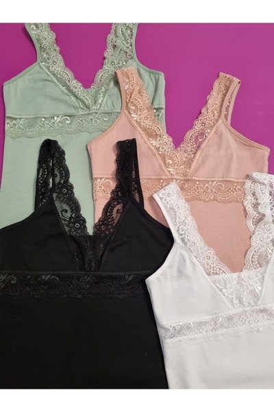 Demirsa Boutique Lace Strap V-Neck Modal Fabric Black, White, Powder and Green Color 4-Piece Women's Tank Top