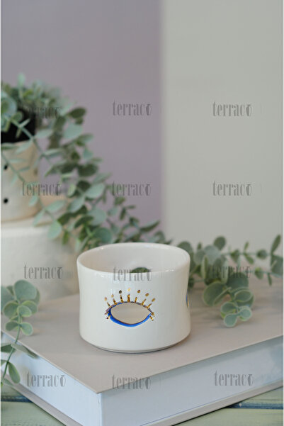 terraco ceramic Altın Detaylı El Yapımı Seramik Mumluk Göz Nazar Desen