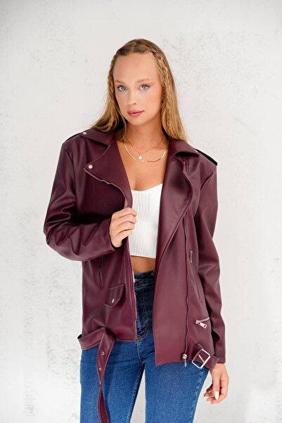 MATTİMODA Kadın Kemerli Uzun Oversize Suni Bordo Deri Ceket