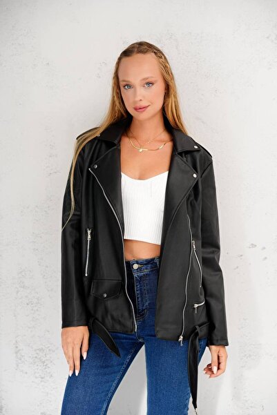MATTİMODA Kadın Kemerli Uzun Oversize Suni Siyah Deri Ceket