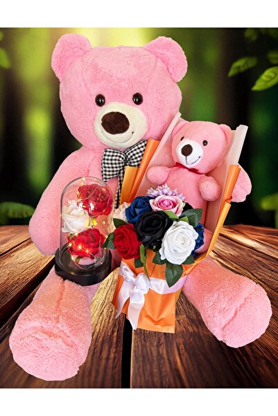 Linalux Gifts Sevgiliye Hediye - 90cm Büyük Pembe Ayıcık - Rengarenk Güllü Ay...