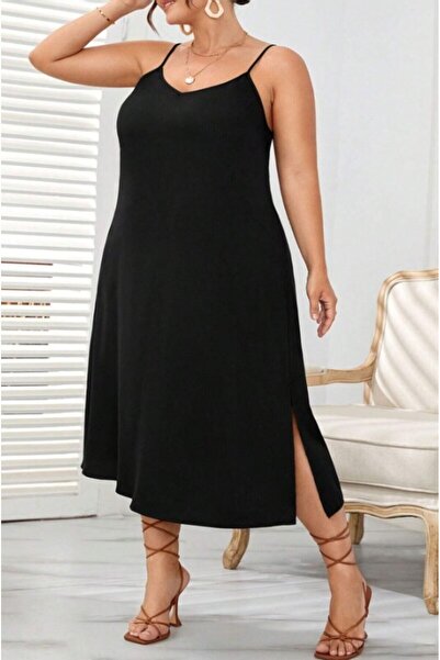 FOR ESRA BIG TREND Women's Plus Size Front Back V Neck Adjustable Strap Two Side Slit Crepe Woven Stretchy Midi Length Dress