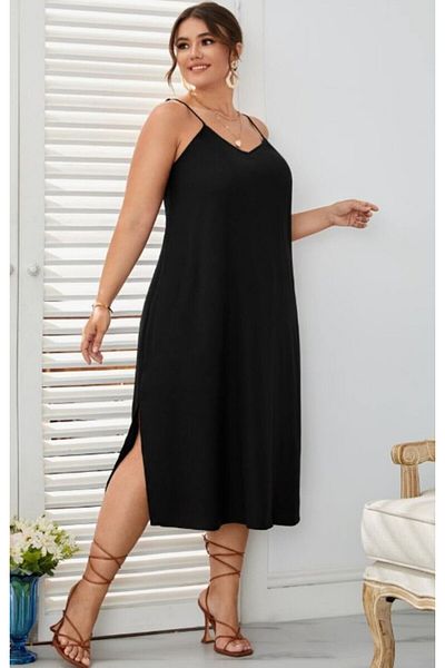 FOR ESRA BIG TREND Women's Plus Size Front Back V Neck Adjustable Strap Two Side Slit Crepe Woven Stretchy Midi Length Dress