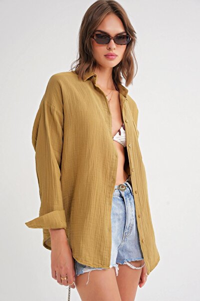 Mixray 3833 Women's Oversize Pocket Muslin Shirt Fat Green