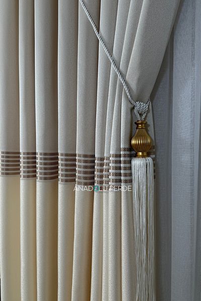 istper Panel Background Curtain Light Beige - Cream Gold Detail Patterned 1/3 Tight Pleated Jacquard Single Wing