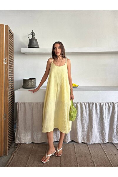 MATTİ MODA İç Astarlı Ayarlanabilir Askılı Salaş Kadın Sarı Elbise