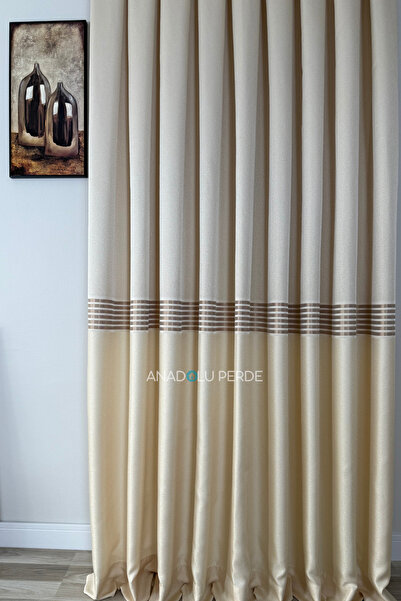 istper Panel Background Curtain Light Beige - Cream Gold Detail Patterned 1/3 Tight Pleated Jacquard Single Wing