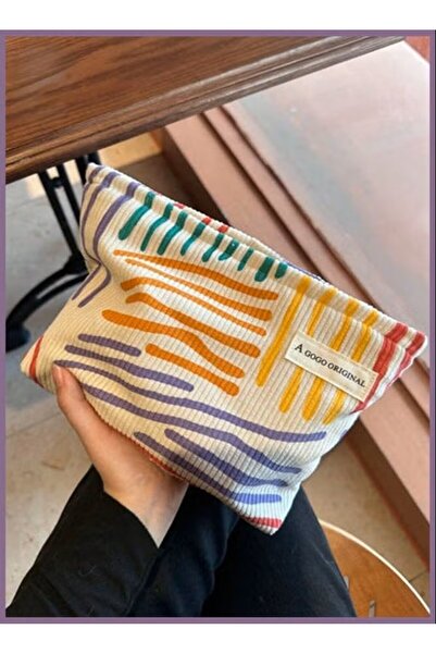 KHAJUL A GOGO ORIGINAL Corduroy Striped Makeup Bag Portable Travel Skincare S...