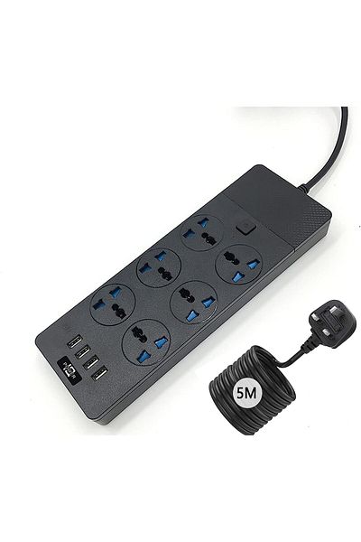 fulina شريط طاقة 3000 وات بطول 5 أمتار، مع 4 منافذ USB (3.1 أمبير)، و6 مقابس كهربائية، ومصهر مدمج، 3000 وات