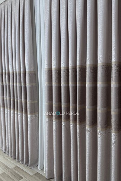 istper Panel Background Curtain Beige Mink Transitional Detailed Patterned 1/3 Tight Pleated Jacquard Single Wing