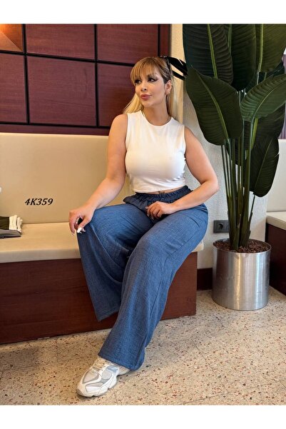 Genel Markalar Kadın Büyük Beden Cepli Beli Lastikli Dokuma Sofia Keten Pantolon 4K359