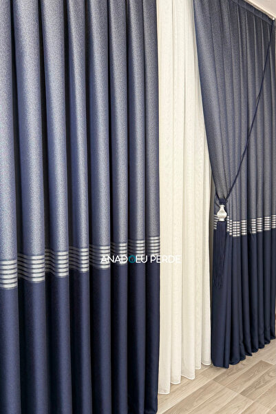 istper Panel Background Curtain Navy Blue Gold Detail Patterned 1/3 Tight Pleated Jacquard Single Wing