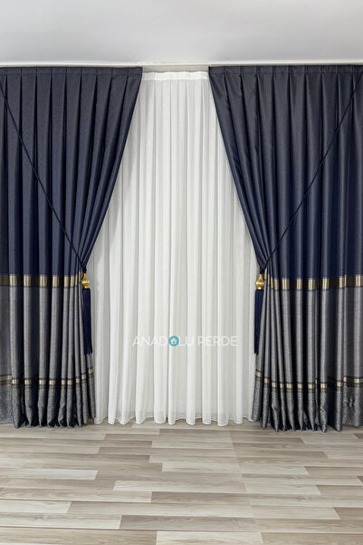 istper Panel Background Curtain Navy Blue - Gray Gold Detail Patterned 1/3 Tight Pleated Jacquard Single Wing