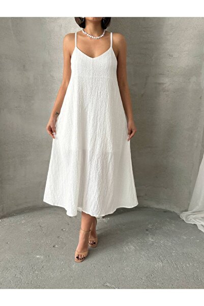 MATTİMODA İç Astarlı Ayarlanabilir Askılı Salaş Kadın Beyaz Elbise