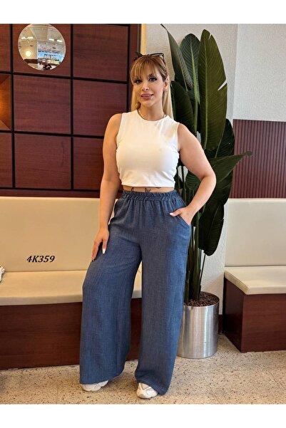 Genel Markalar Kadın Büyük Beden Cepli Beli Lastikli Dokuma Sofia Keten Pantolon 4K359