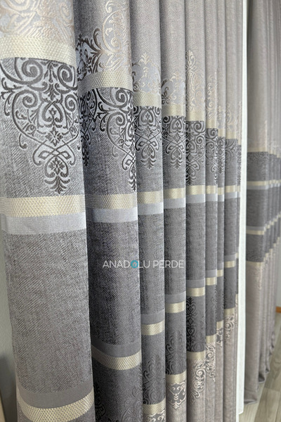 istper Panel Background Curtain Mink Smoked Transitional Detailed Patterned 1/3 Tight Pleated Jacquard Single Wing