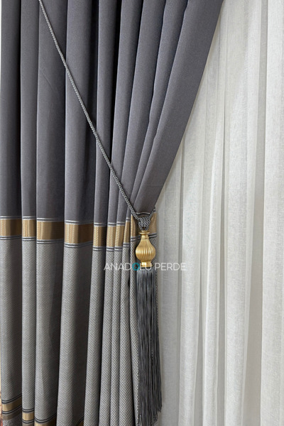 istper Panel Background Curtain Anthracite - Gray Gold Detail Patterned 1/3 Tight Pleated Jacquard Single Wing
