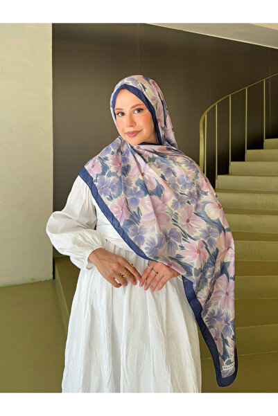 Mira İpek Fransız İpeği Desenli Dökümlü Şal Lacivert