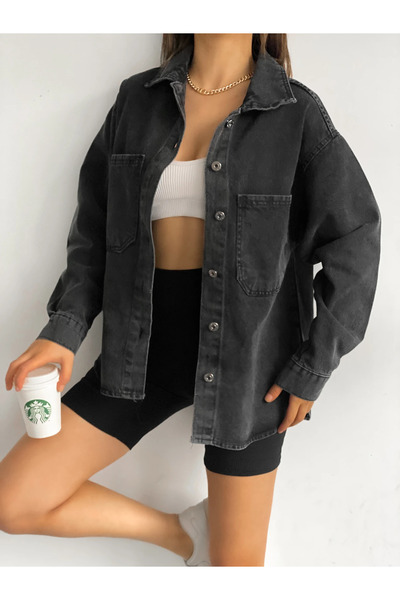adelix Çift Cepli Oversize Denim Gömlek Ceket Siyah
