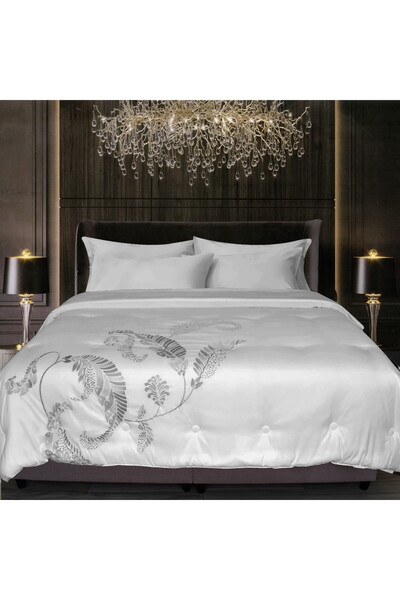 Ch Frochi Light Grey Silver Embroidered Duvet Set King, Double, 9 Piece Set