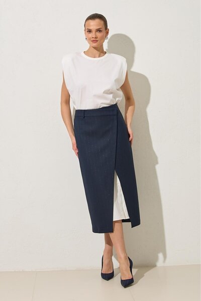 Setre Navy blue asymmetric closure striped full pattern skirt