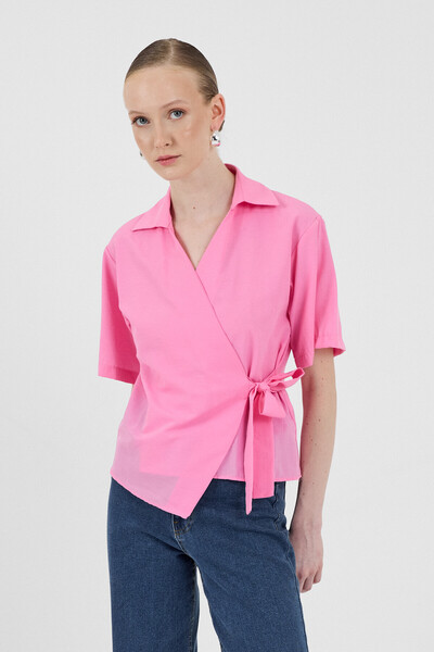 Rays Candy Pink Short Sleeve Side Tie Detailed Blouse 8095A