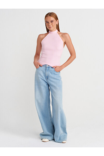 Dilvin 10798 Halter Tie Collar Ribbed Knitwear Blouse-Pink