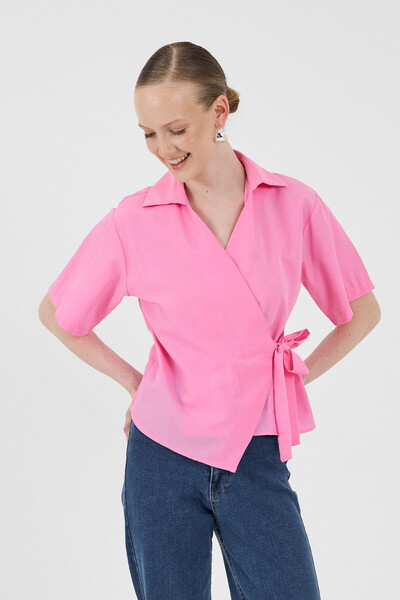 Rays Candy Pink Short Sleeve Side Tie Detailed Blouse 8095A