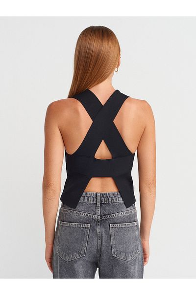 Dilvin 10795 Crew Neck Back Detailed Knitwear Top-Black