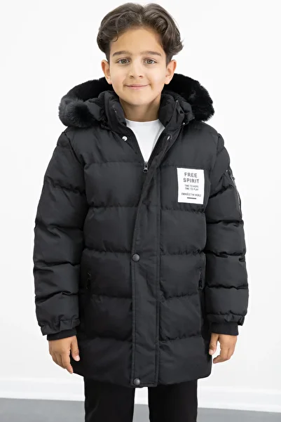 Cansın Mini Boy's Black Written Coat with Coat Detail and Fur Inside Hooded Inflatable Coat 21341