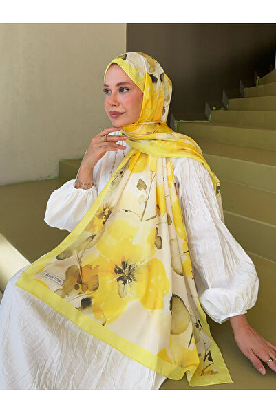 Mira İpek Fransız İpeği Desenli Dökümlü Şal Sarı